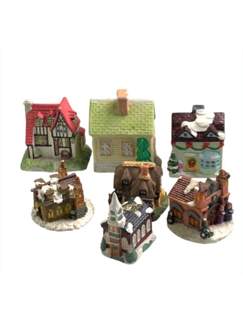 Vintage Christmas Village Buildings 7 Piece Lot Ceramic Resin Mix Excellent